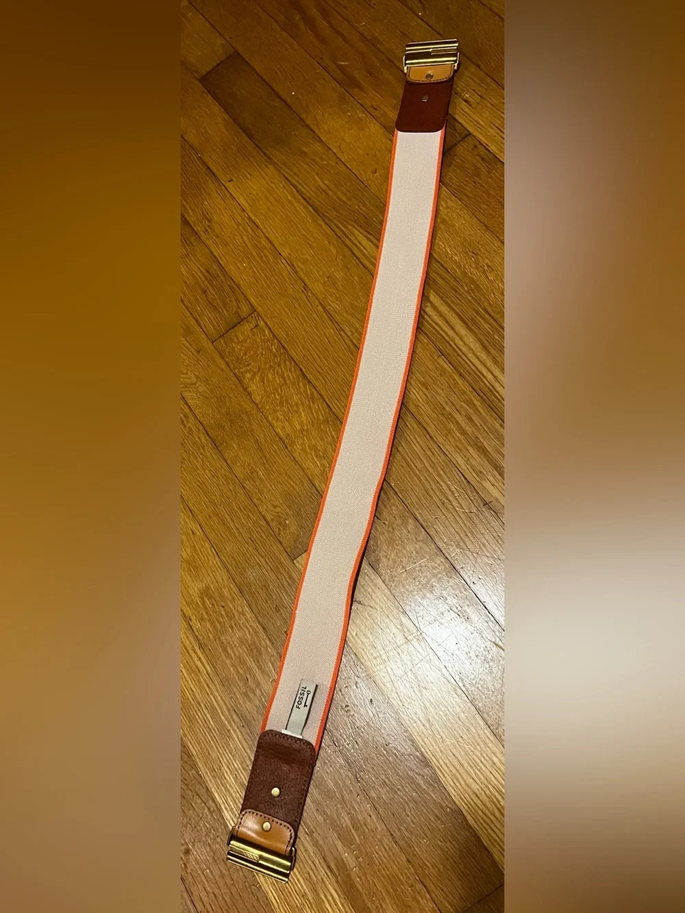 Fossil Beige Elastic Belt with Tan Leather and Gold-Tone Buckle